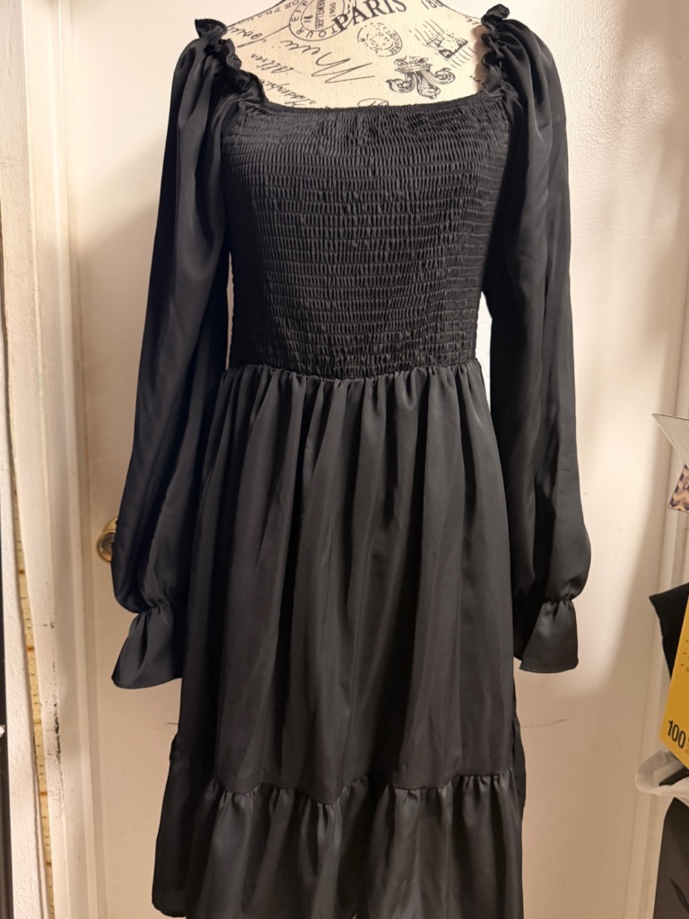 Women’s Square Neck Shirred Bodice Flounce Sleeve Ruffle Hem Mini Dress - Picture 3 of 6